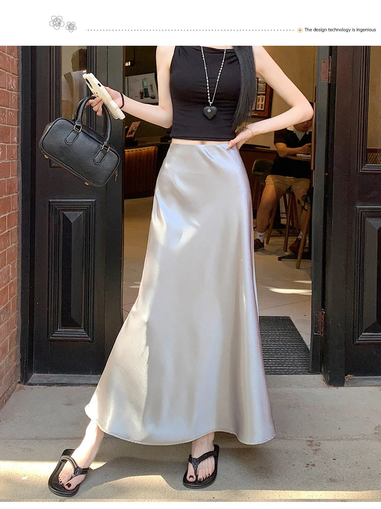 Satin Midaxi Skirt For Women Flowy Mermaid Trumpet Hem, High Waist, A Line Fit Spring Summer Autumn New Skirts