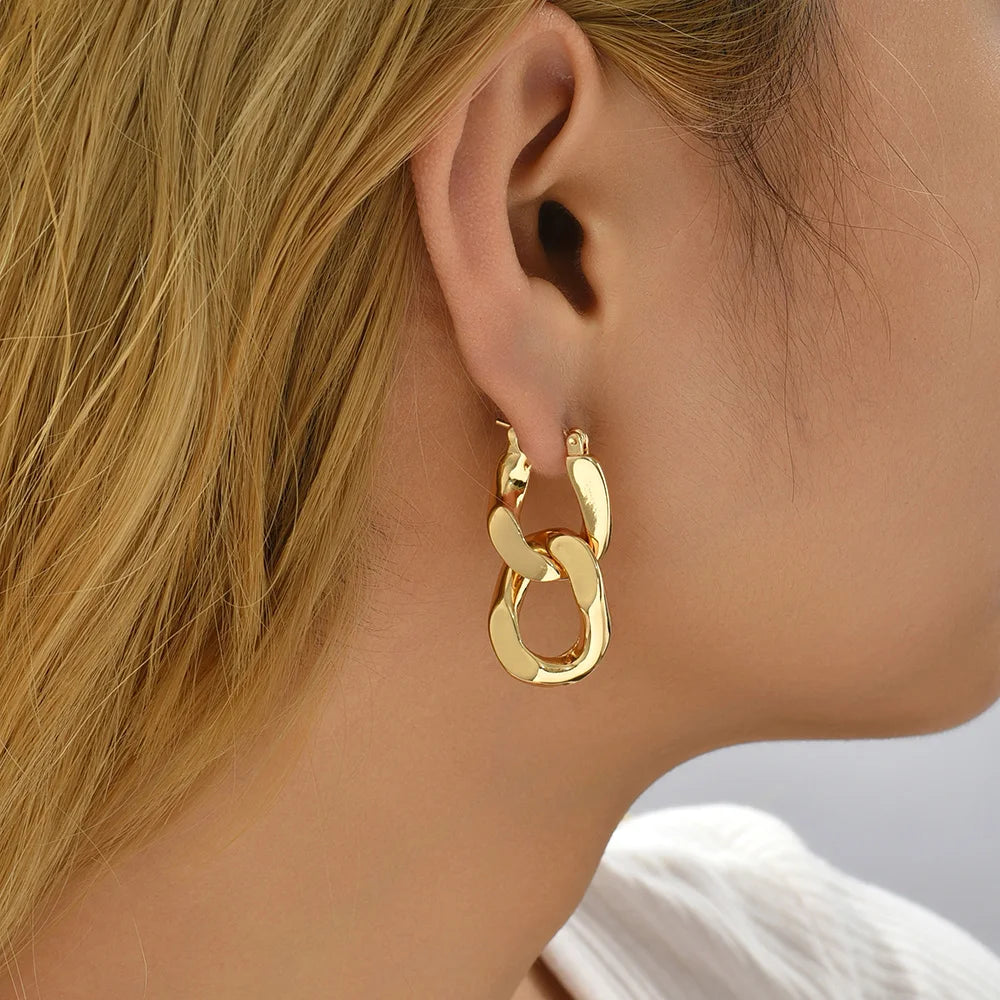 Minimalist Twisted Cuban Chain Hanging Drop Earrings for Women Punk Gold Color Detachable Round Circles Hoop Earring Ear Buckle