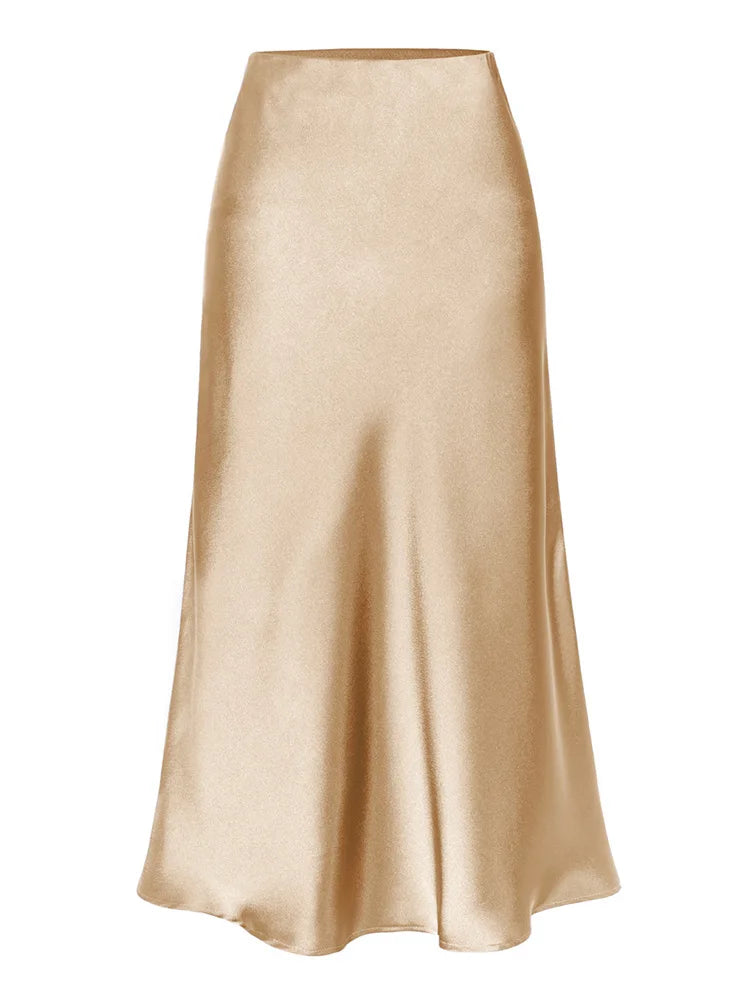 Green Satin Midi Skirts For Women Summer Elastic High Waist A Line Slit Skirt Midi Satin Silk Women Skirt With Slit Summer 2024
