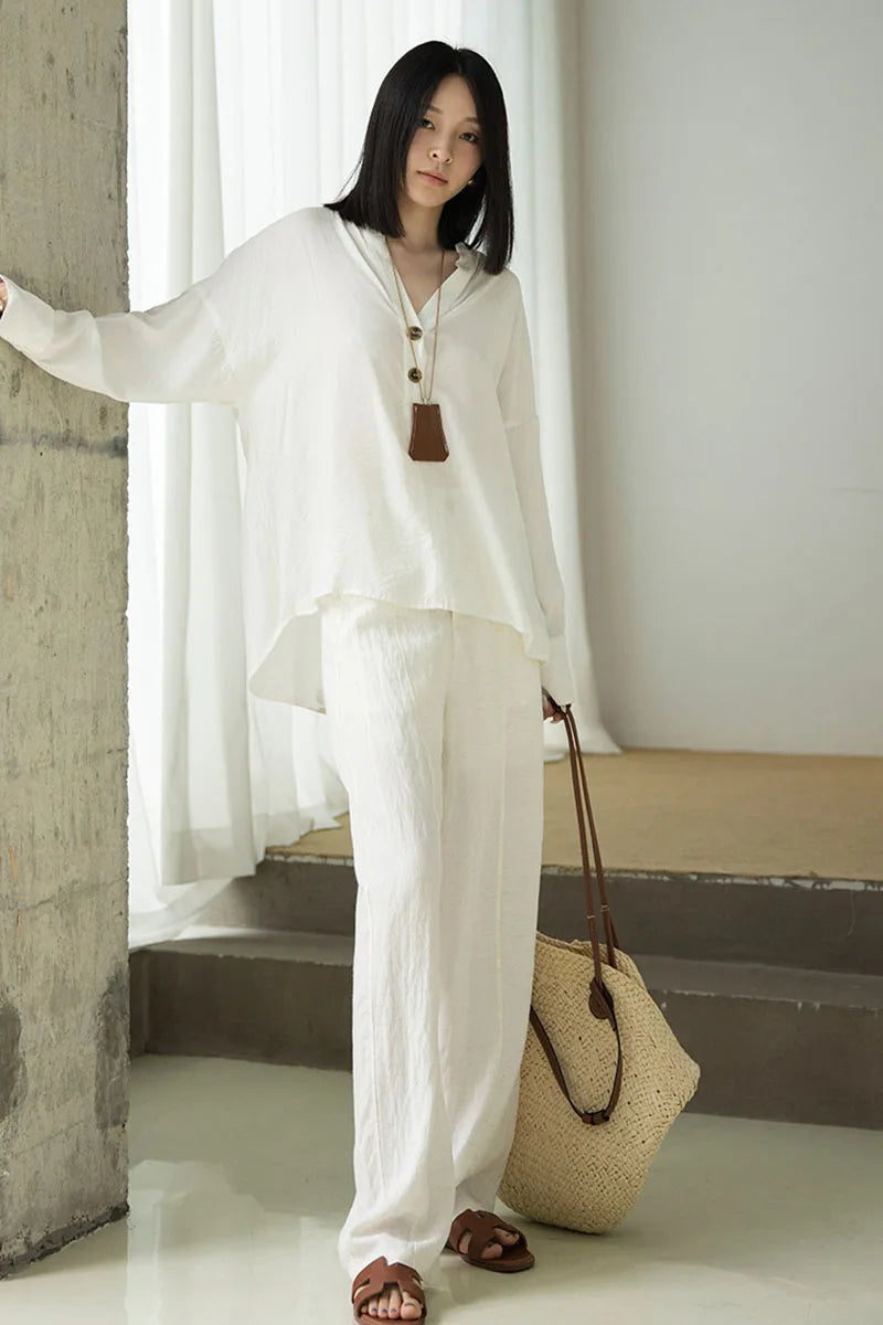 Women's Linen Lyocell Blend Wide Leg Pants Solid Color Versatile Casual Loose Straight Pants Spring Summer High Waist Trousers