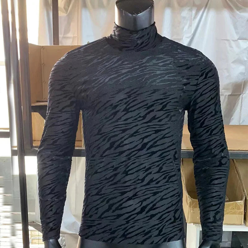 Men's T Shirt Perspective Turtleneck Long-sleeved Lace Tight Fitting T-shirt for Men Streetwear Bottoming Shirt Inside Male Tops