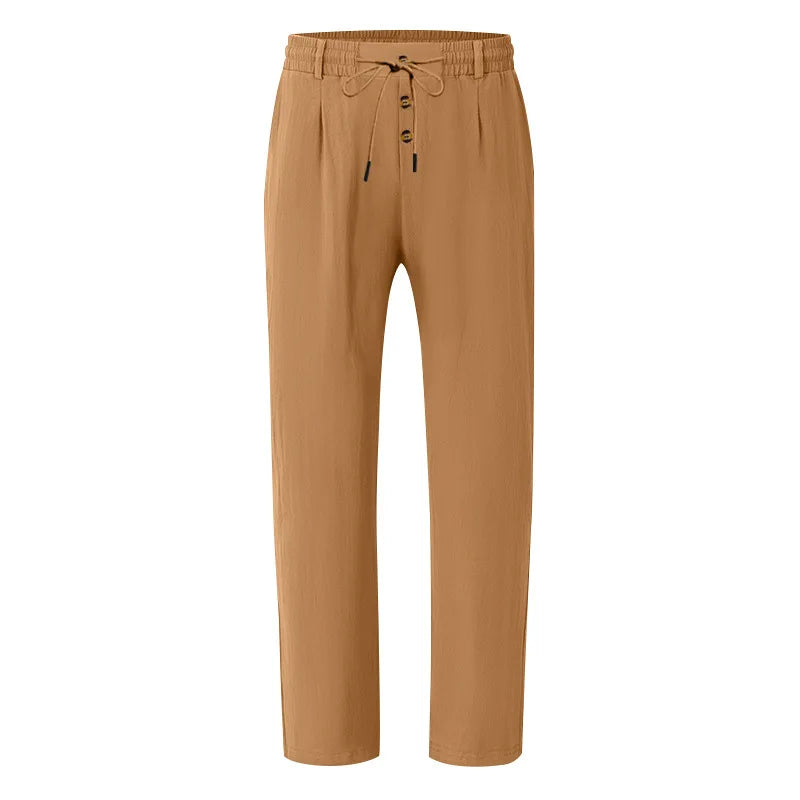 Men's Boho Linen Blend Wide Leg Pants High Waist Drawstring Button Fly Loose Fit Trousers with Side Pockets