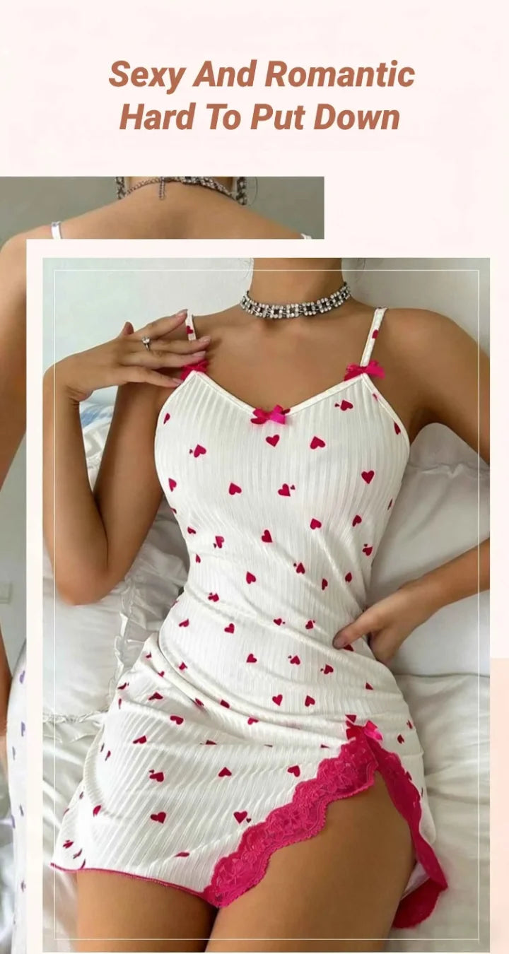 Women's Night Wear Elegant Sleeveless Sleep Dress Lace Trim Camisole Bow & Heart Print For Ladies Night Gown