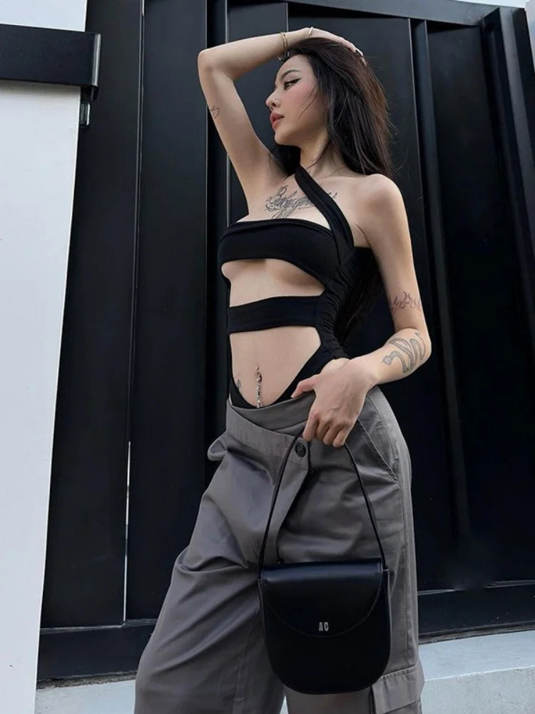 Solid Black Bodysuit Lingerie Sexy Tops For Women Club Outfit Inclined Collar Body Feminino One-pieces Hollow Out Y2k Clothes