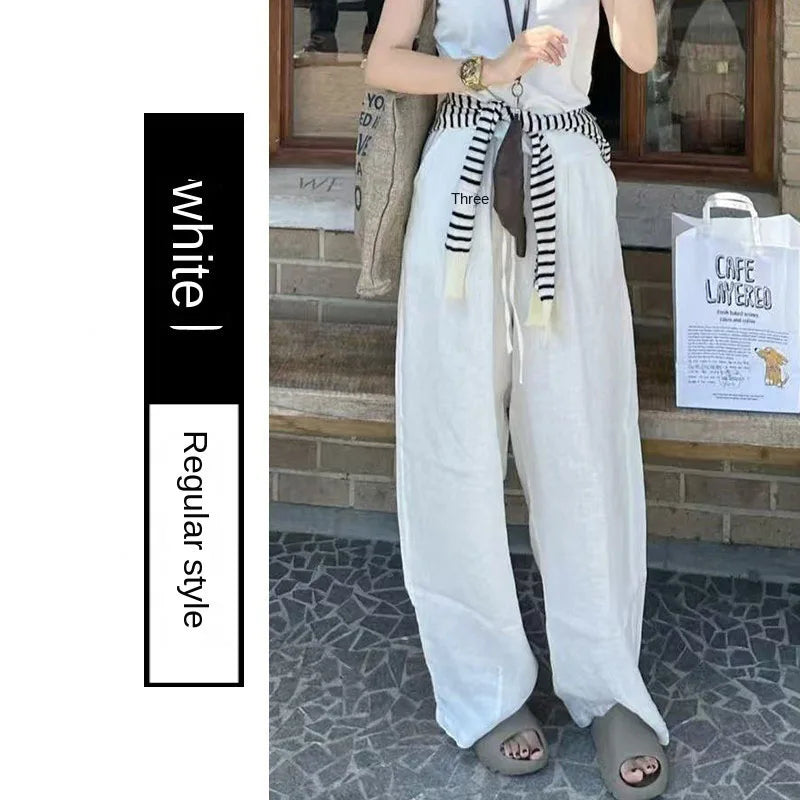 Women Navy Blue Cotton Linen Straight Wide Leg Pants 2026 New Thin High Rise Loose Lazy Fit Spring Summer Daily Casual Trousers