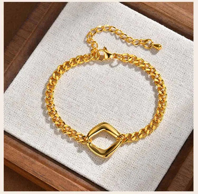 Elegant Minimalist Cuban Chain Bracelet for Women, Adjustable Hollow Geometric Stainless Steel Fashion Jewelry