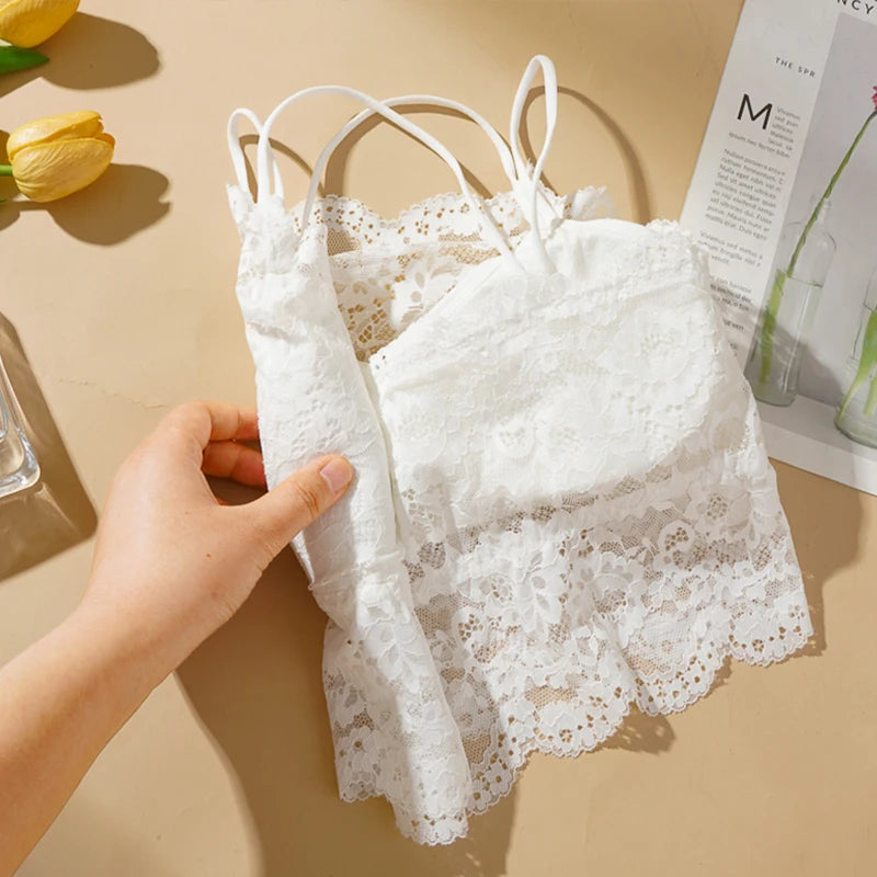 Ladies' Summer Sexy Backless Lace Camisole Underwear Underwire Bra Without Steel Rings Shoulder Straps For Support Breathable