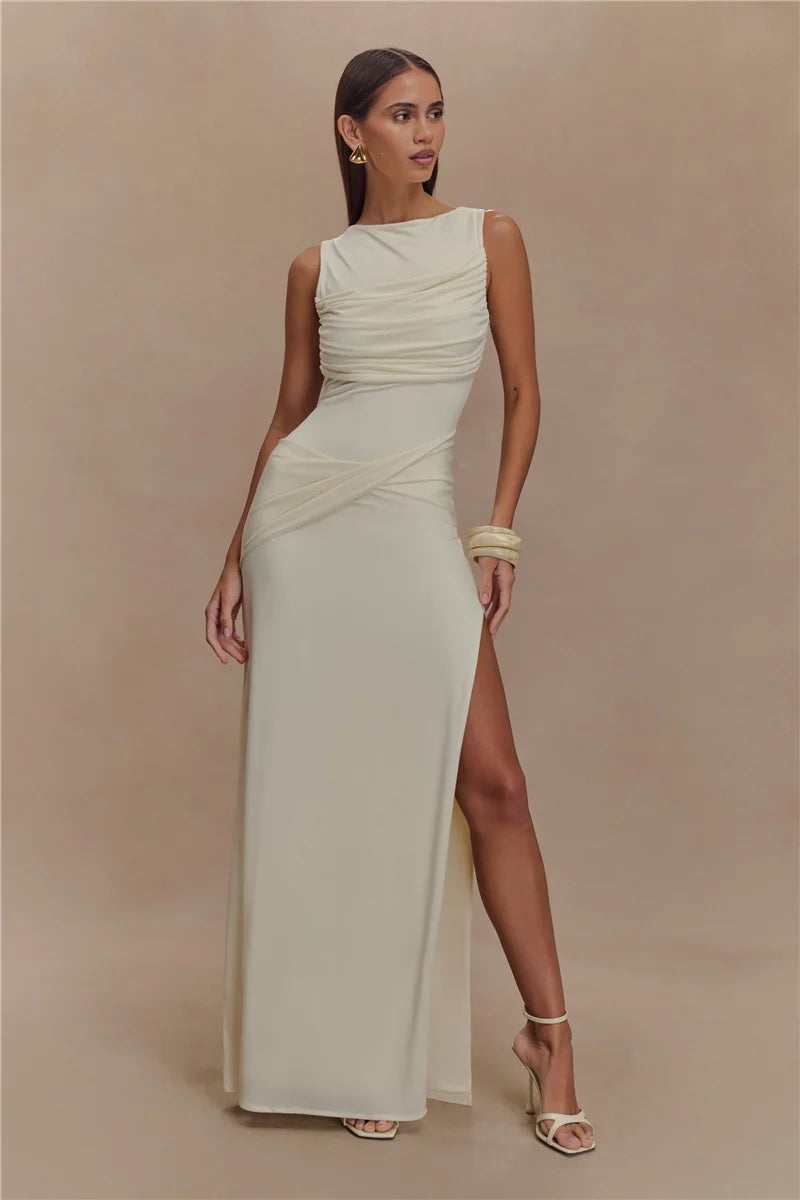 Backless Ruched Sexy Maxi Dress Women Summer O Neck High Split Bodycon Elegant Long Dress Fashion Gown Sleeveless Dresses 2025