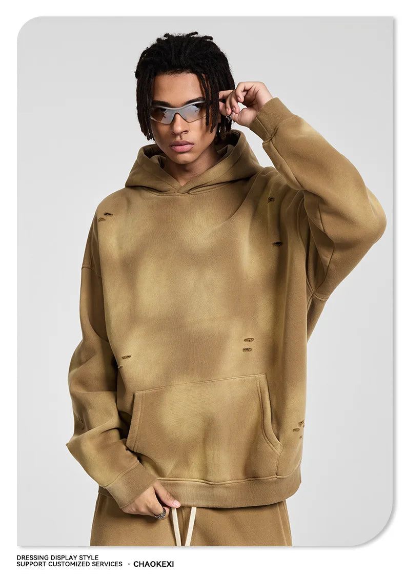 Oversized Hoodies Men Vintage Streetwear Acid Wash Ripped Hoodie Heavyweight Fleece Sweatshirt Pullover Thickened Winter Clothes