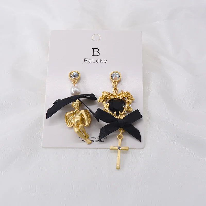 Baroque Asymmetrical Vintage Cross Pearl Pendant Earrings For Women Lady Crsytal Heart Angel Ear Rings Classic Long Earring
