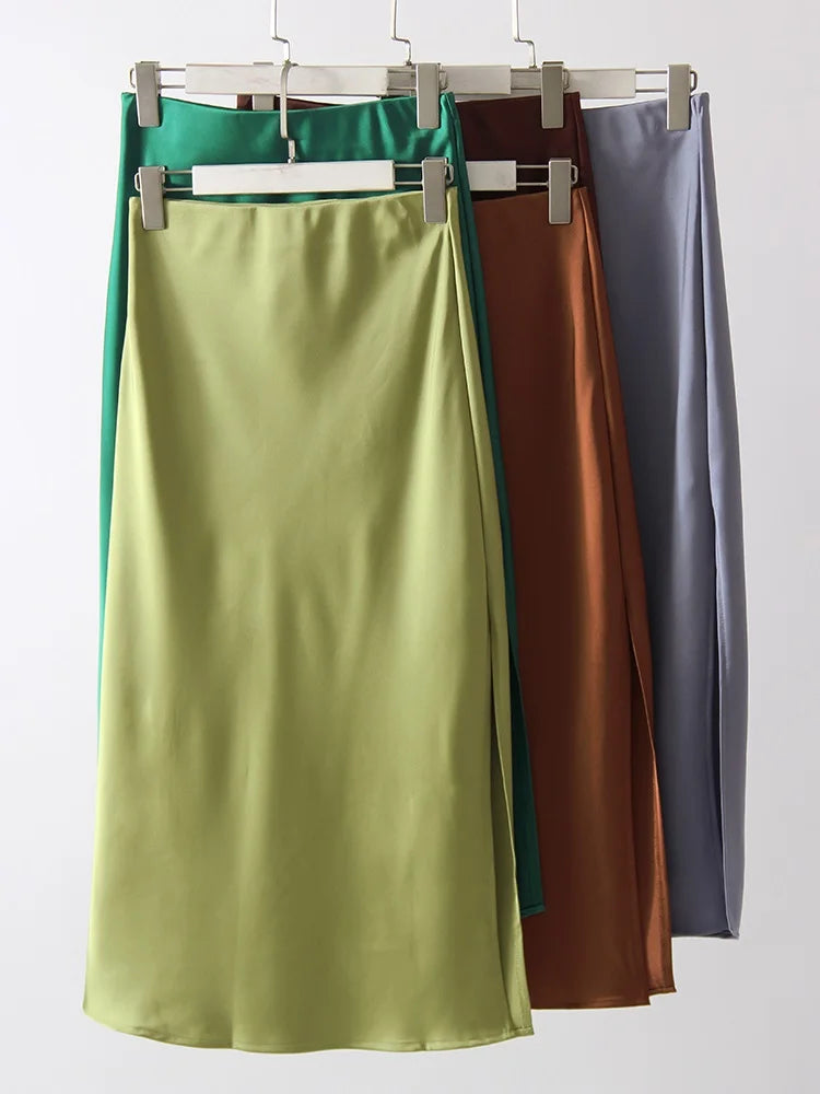 Midi Satin Skirts Women Luxury Summer Black Formal Silk Office Skirt With Slit A Line Green Midi Skirt Burgundy Women Elegant
