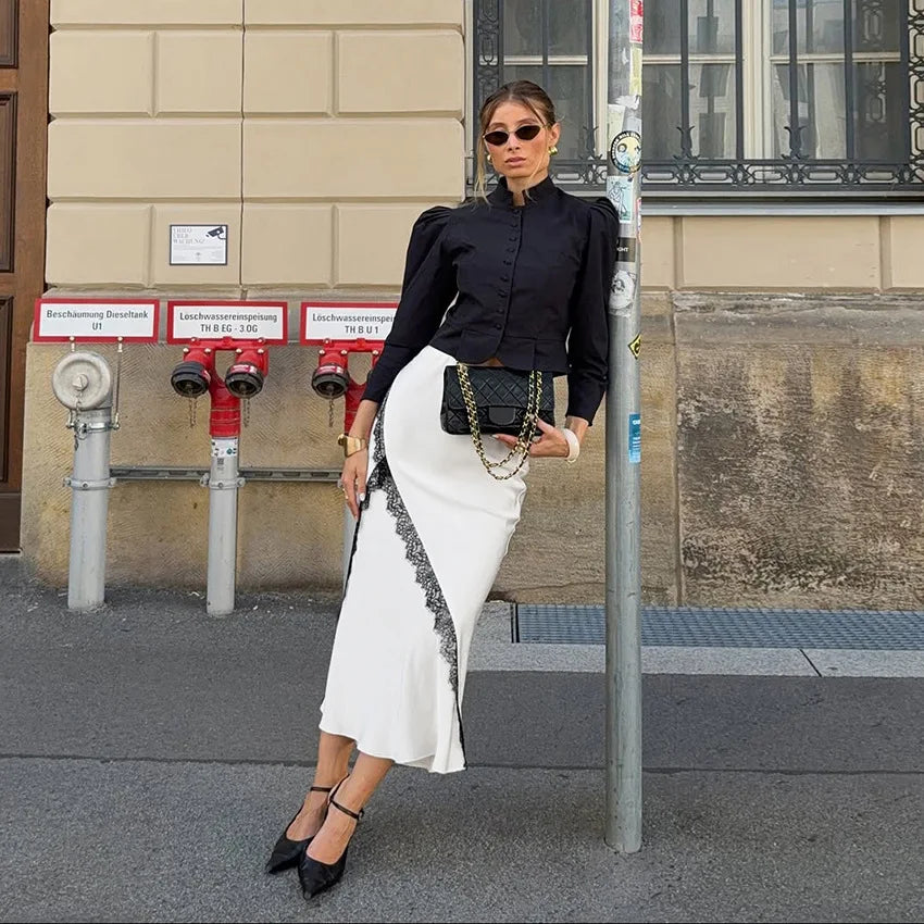 Satin Midi Skirt with Lace Trim Color Block A-Line High Waist Office Elegant French Style Dressy Casual Skirt for Women Fall