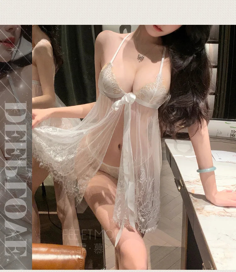 Hot Sexual Lingerie Woman Transparent Lace Underwear Erotic Lace Night Dress Open Slip Dress Sexy Babydoll for Ladies Desire