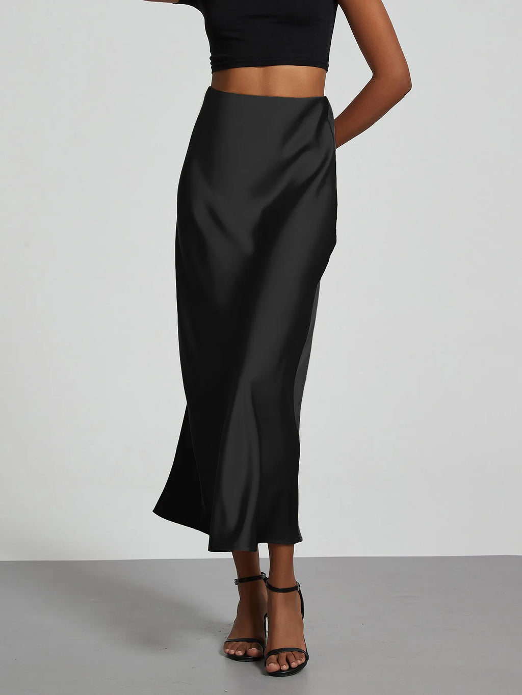 Minimalist Satin Midi Skirt  High Waist Bias Cut Flowy Hem Top for Office & Casual Streetwear