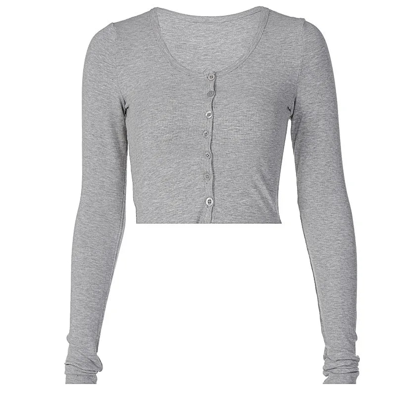 Single Breasted Tshirt Long Sleeve Crop Top Solid Color T Shirts For Women Streetwear Slim Fit Lady Outfit Camisetas Ropa Mujer
