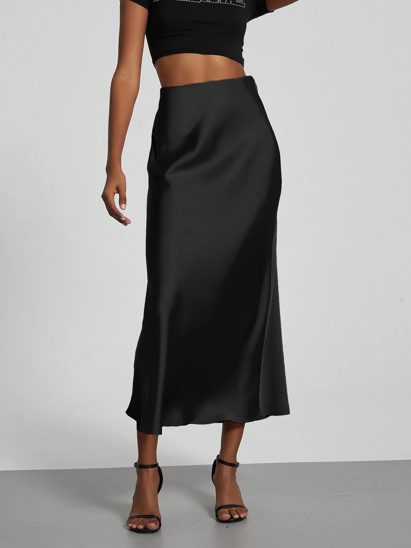 Minimalist Satin Midi Skirt  High Waist Bias Cut Flowy Hem Top for Office & Casual Streetwear