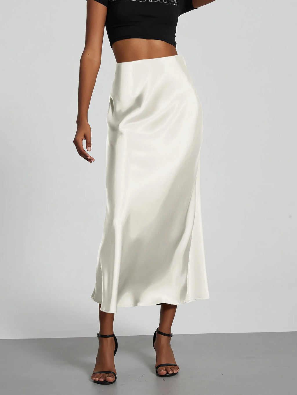 Minimalist Satin Midi Skirt  High Waist Bias Cut Flowy Hem Top for Office & Casual Streetwear