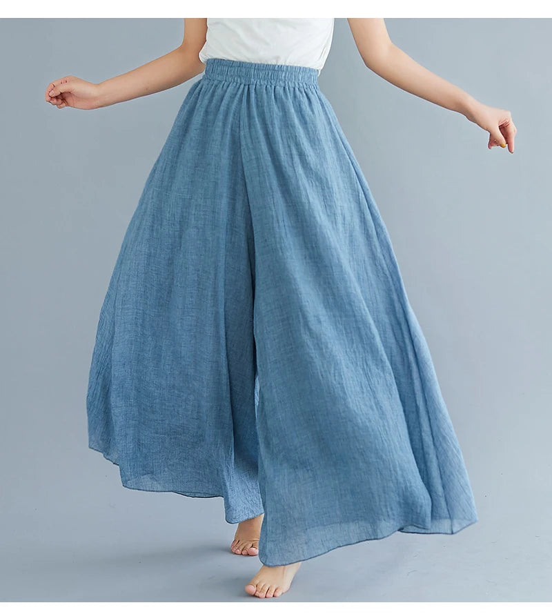 Cotton Linen Wide Leg Pants for Women Summer Casual Loose Pants High Waist Big Swing Skirt Capris Women Clothing PT-565