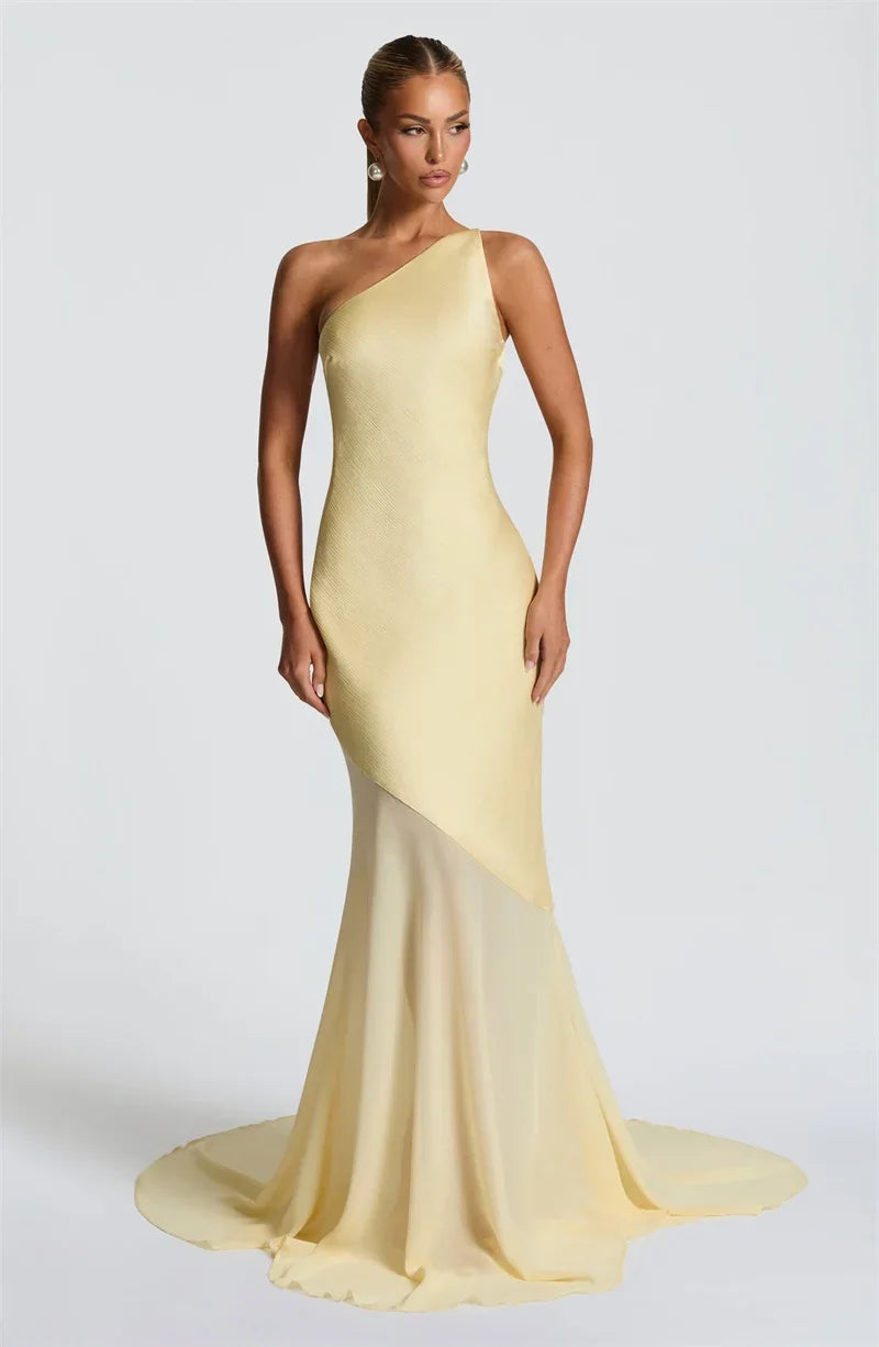 One Shoulder Backless Sexy Maxi Dress Women Gown Fashion Patchwork Sleeveless Bodycon Club Party Long Dress Elegant