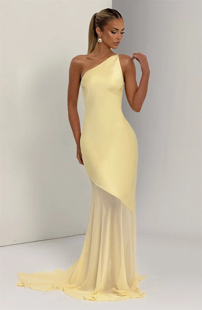 One Shoulder Backless Sexy Maxi Dress Women Gown Fashion Patchwork Sleeveless Bodycon Club Party Long Dress Elegant