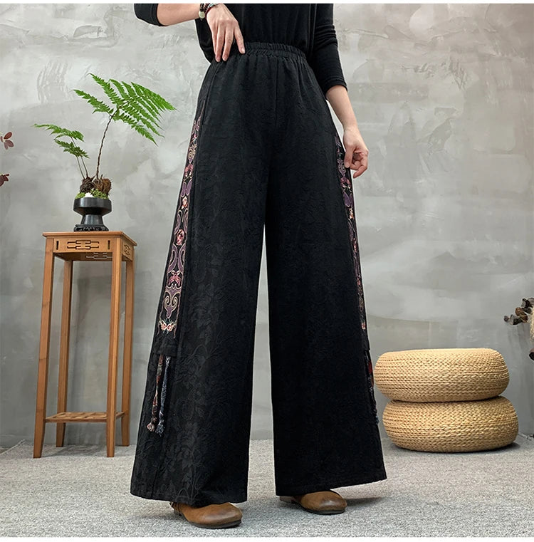 Ele Embroidered Cotton Linen Wide Leg Pants Women's Casual High Waist Trousers Spring Autumn New Sle Comfortable Loose Fit