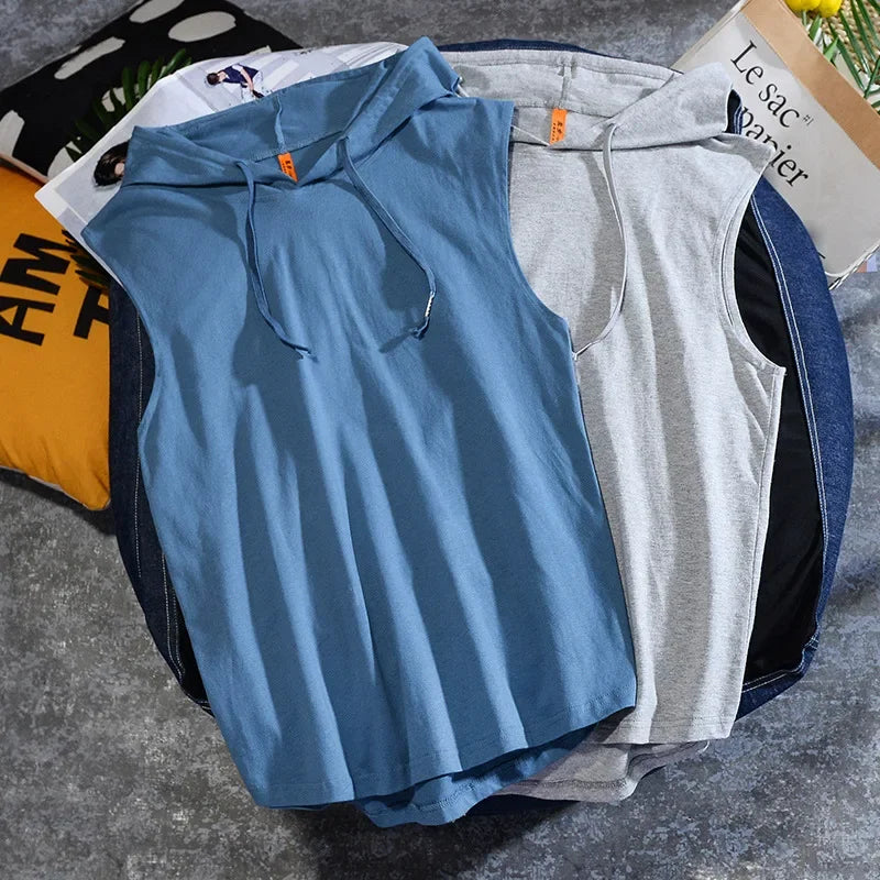 Summer new men's casual sleeveless T-shirt Hooded Vest loose cotton waistcoat men's wear