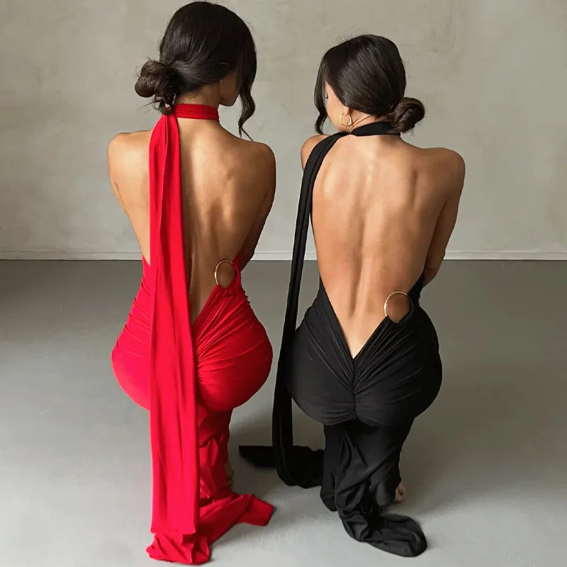 Sexy Backless Bodycon Long Dress Women's Halter Curvy Maxi Dresses Summer Evening Party Birthday Black New Summer White Burgundy