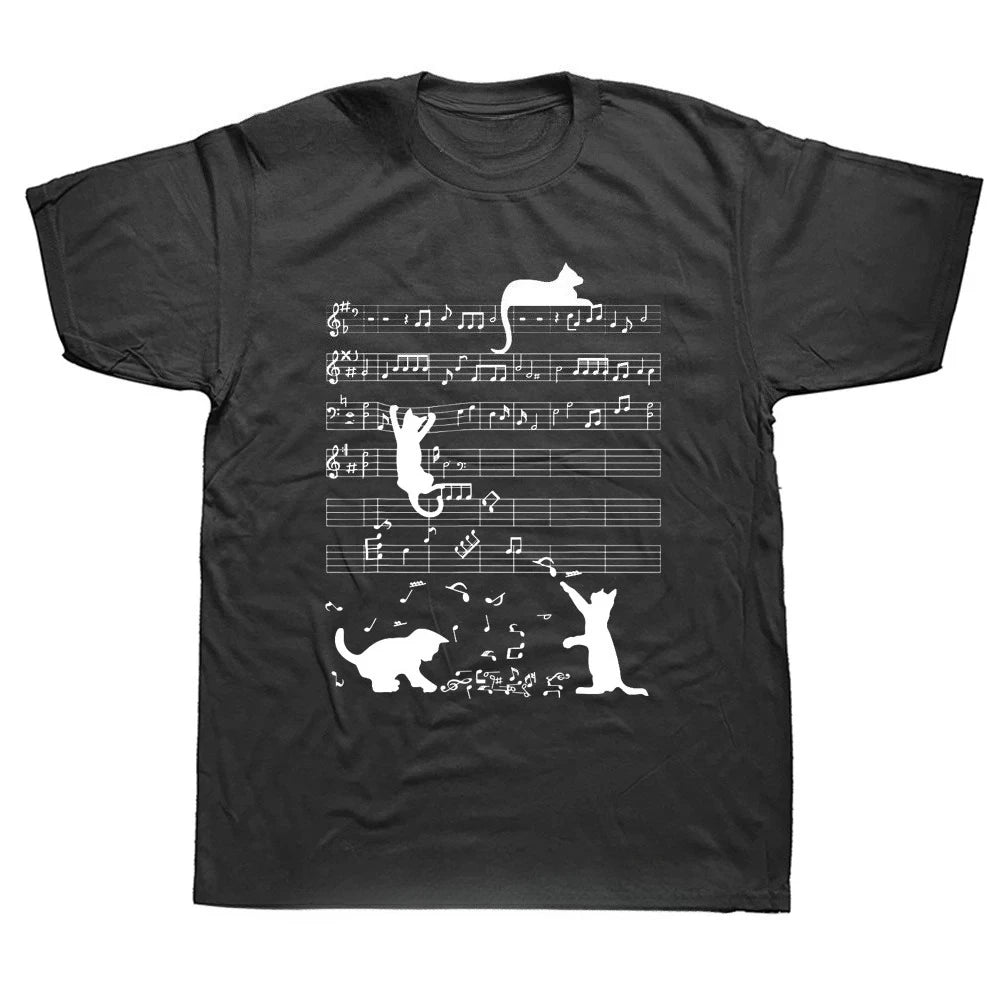 Men's T-Shirt: Fun 100% Pure Cotton Print — Cat, Musical Note, and Piano Pattern — Loose-Fit, Casual, Comfortable Streetwear Tee