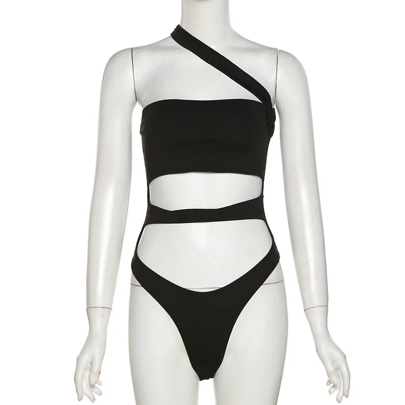 Solid Black Bodysuit Lingerie Sexy Tops For Women Club Outfit Inclined Collar Body Feminino One-pieces Hollow Out Y2k Clothes