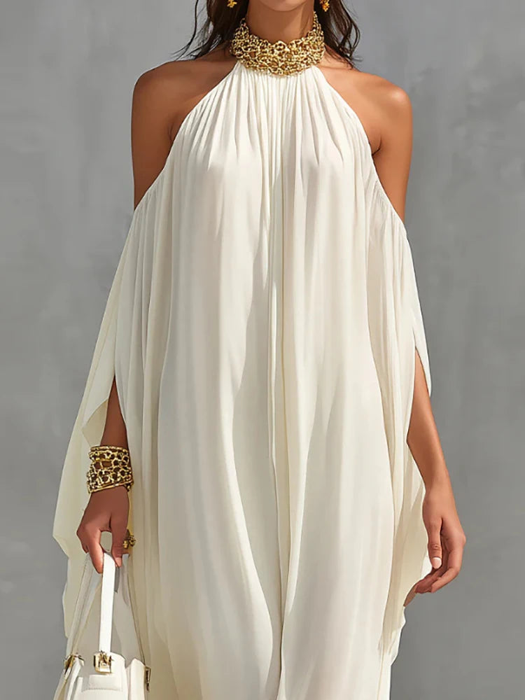 Elegant Backless Maxi Dress for Women Summer Halter Lace-Up Loose Simple Fashion Party Dress Patchwork Holiday Ladies Dress 2026