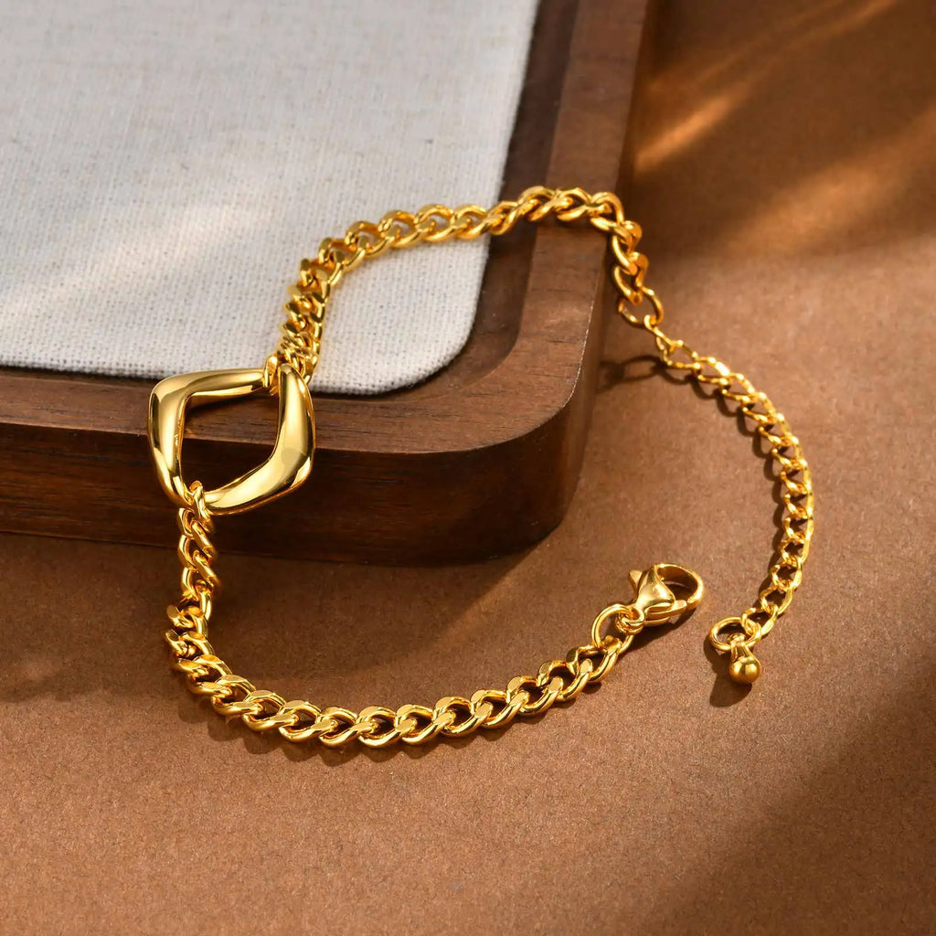 Elegant Minimalist Cuban Chain Bracelet for Women, Adjustable Hollow Geometric Stainless Steel Fashion Jewelry