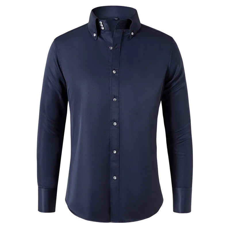 Solid color shirt men's crystal button long sleeved pointed collar light luxury men's business casual men's wear
