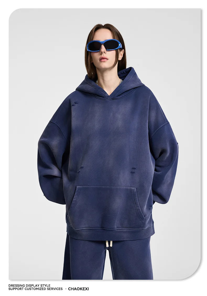 Oversized Hoodies Men Vintage Streetwear Acid Wash Ripped Hoodie Heavyweight Fleece Sweatshirt Pullover Thickened Winter Clothes
