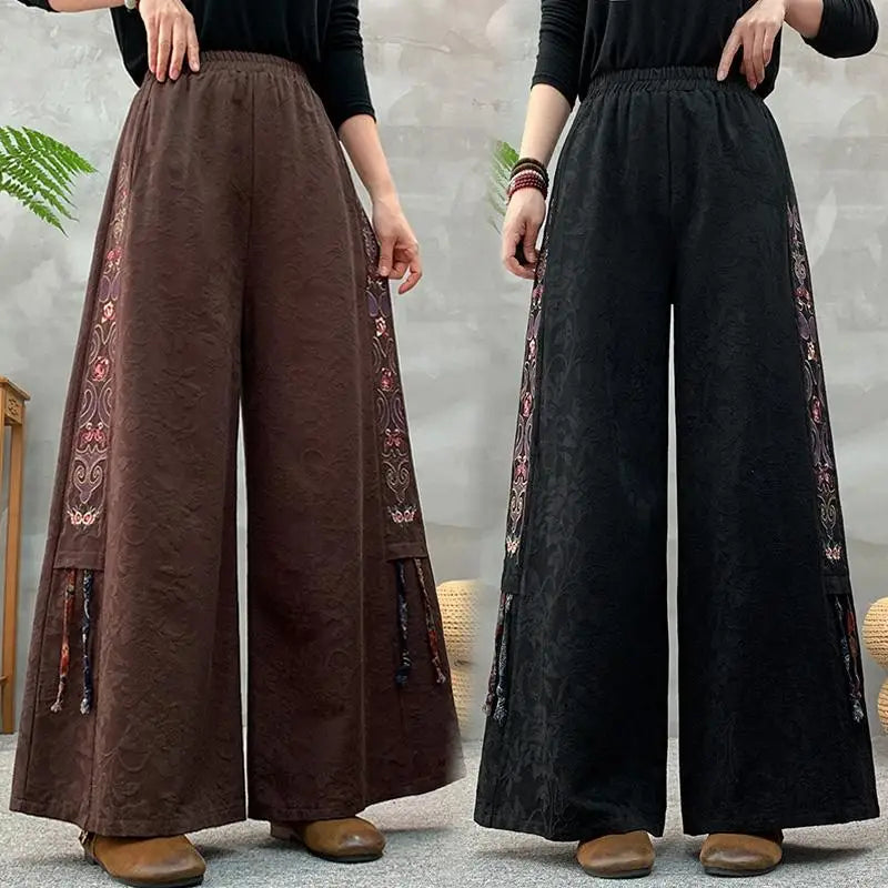 Ele Embroidered Cotton Linen Wide Leg Pants Women's Casual High Waist Trousers Spring Autumn New Sle Comfortable Loose Fit