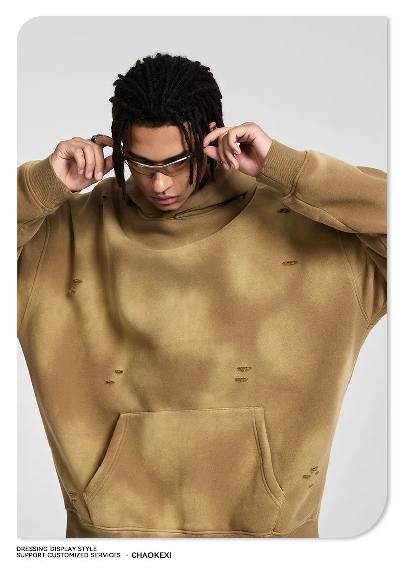 Oversized Hoodies Men Vintage Streetwear Acid Wash Ripped Hoodie Heavyweight Fleece Sweatshirt Pullover Thickened Winter Clothes
