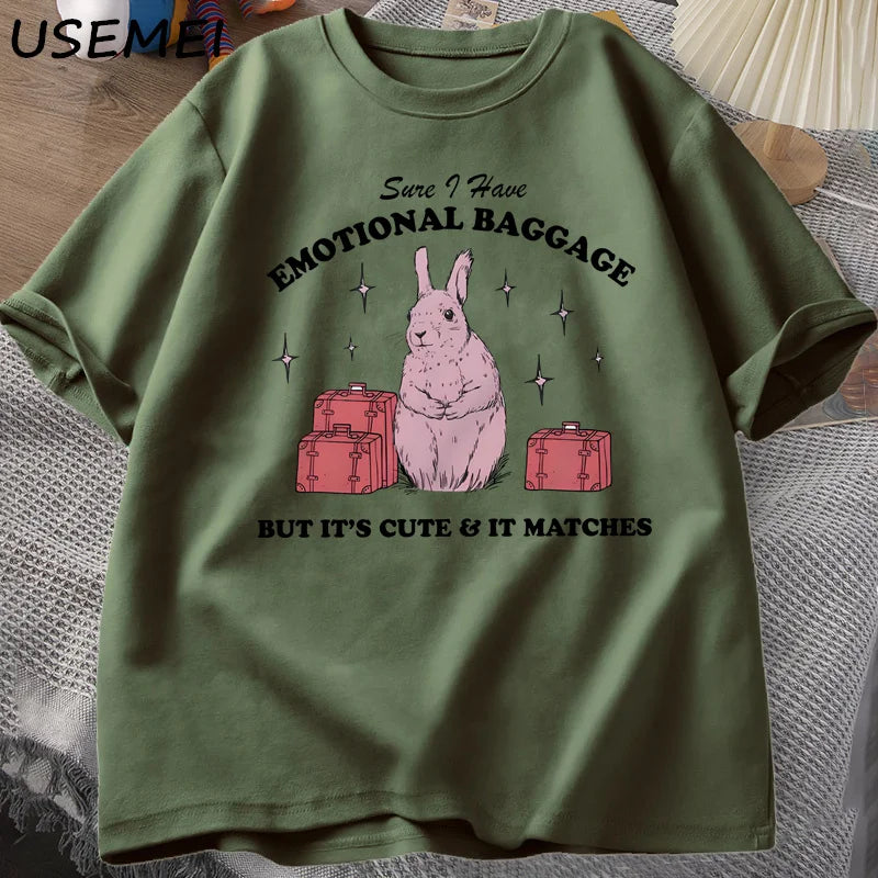 Sure I Have Emotional Baggage Funny Mental Health T Shirts Women Men Vintage Rabbit Tee Shirt Summer Short Sleeve Graphic Tees
