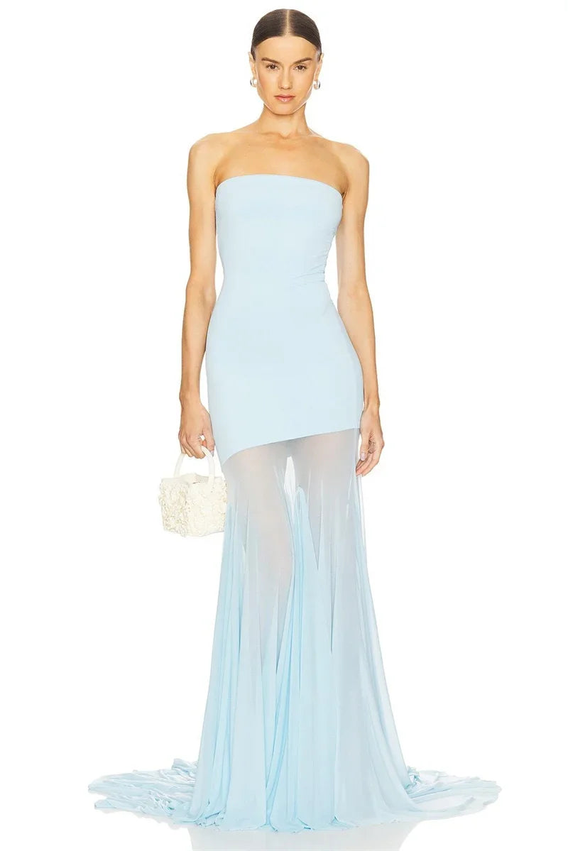 Off-shoulder Strapless Sexy Maxi Dress Women Gown Fashion Elegant Mesh Sleeveless Backless Bodycon Club Party Dresses 2025