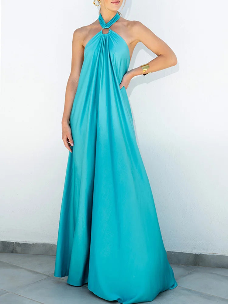 Elegant Women Solid Maxi Beach Dress Sexy Halter Neck Backless Lady Party Dress 2025 Summer Sleeveless Loose Long Dress Vestidos