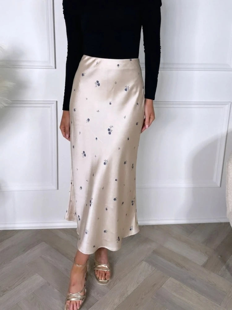 Women's Satin Floral Midi Skirt High Waist Bias Cut Slip Skirt Summer Casual A-Line French Style for Daily, Dating & Vacation