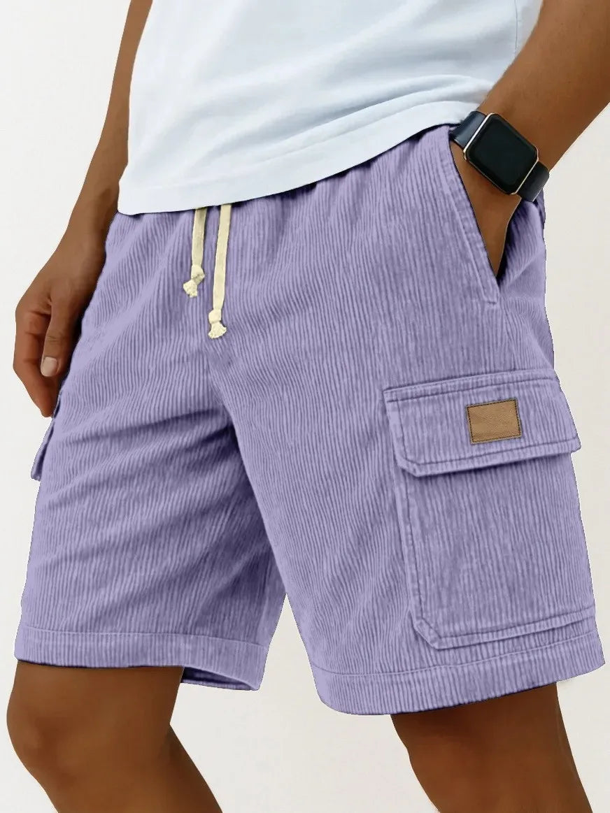 Men's Corduroy Work Shorts, Summer Loose Fit, Drawstring, Mid-Length, Multi-Pocket Striped Casual Shorts