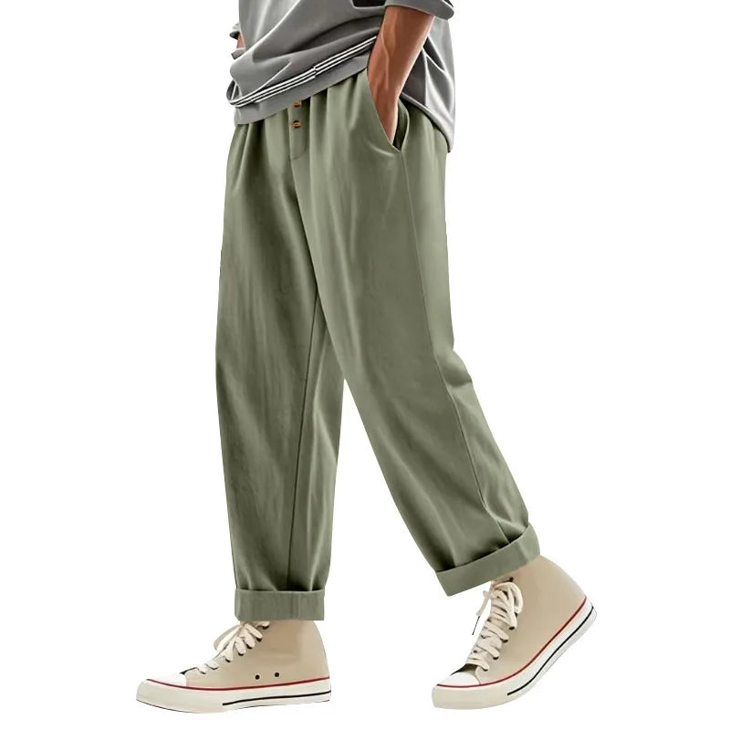 Men's Boho Linen Blend Wide Leg Pants High Waist Drawstring Button Fly Loose Fit Trousers with Side Pockets