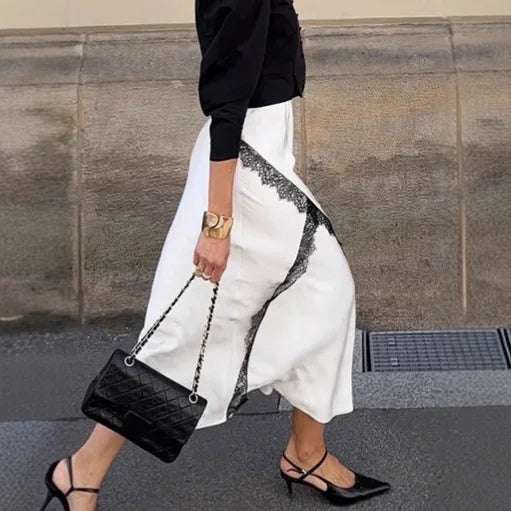 Satin Midi Skirt with Lace Trim Color Block A-Line High Waist Office Elegant French Style Dressy Casual Skirt for Women Fall