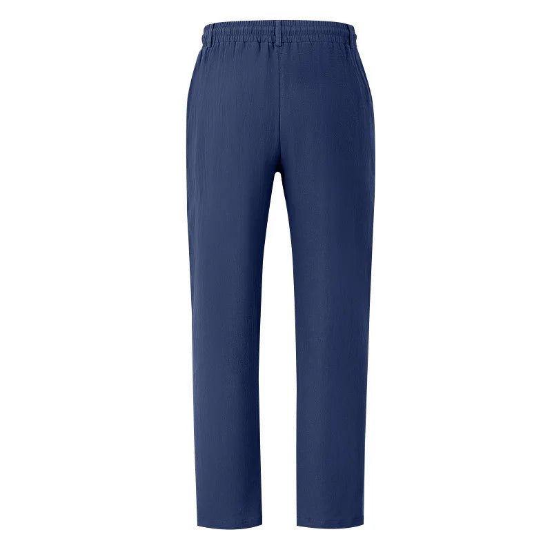 Men's Boho Linen Blend Wide Leg Pants High Waist Drawstring Button Fly Loose Fit Trousers with Side Pockets