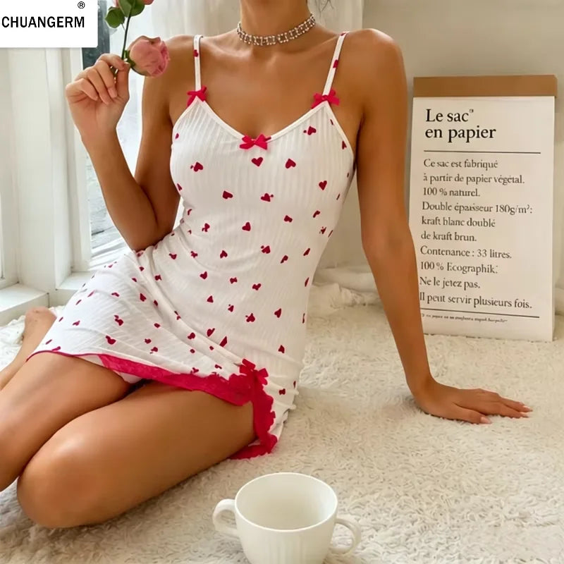 Women's Night Wear Elegant Sleeveless Sleep Dress Lace Trim Camisole Bow & Heart Print For Ladies Night Gown