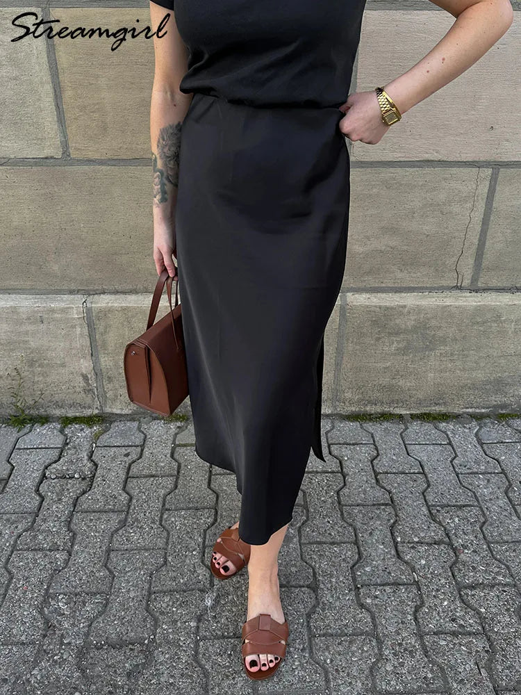Midi Satin Skirts Women Luxury Summer Black Formal Silk Office Skirt With Slit A Line Green Midi Skirt Burgundy Women Elegant