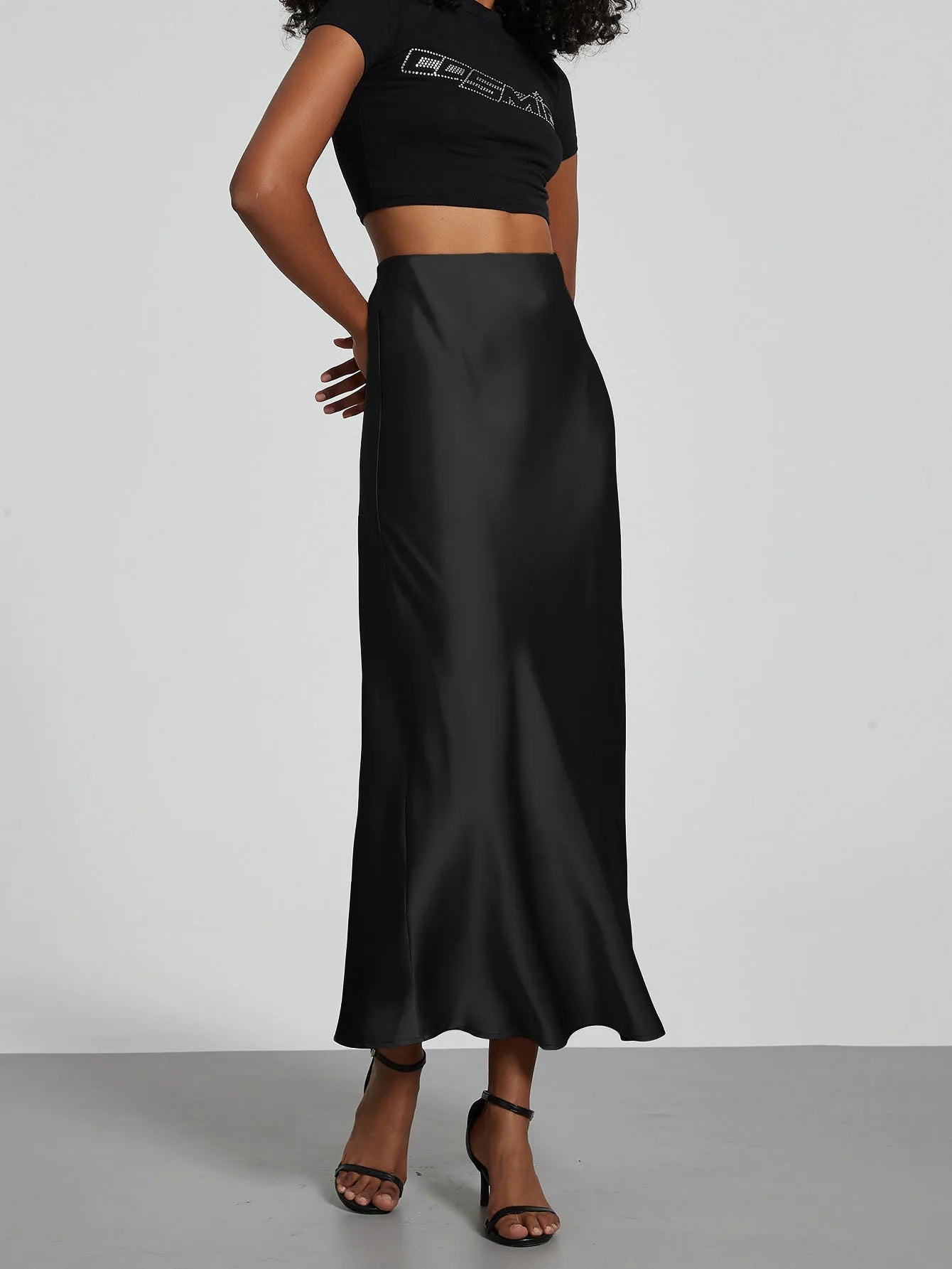 Minimalist Satin Midi Skirt  High Waist Bias Cut Flowy Hem Top for Office & Casual Streetwear