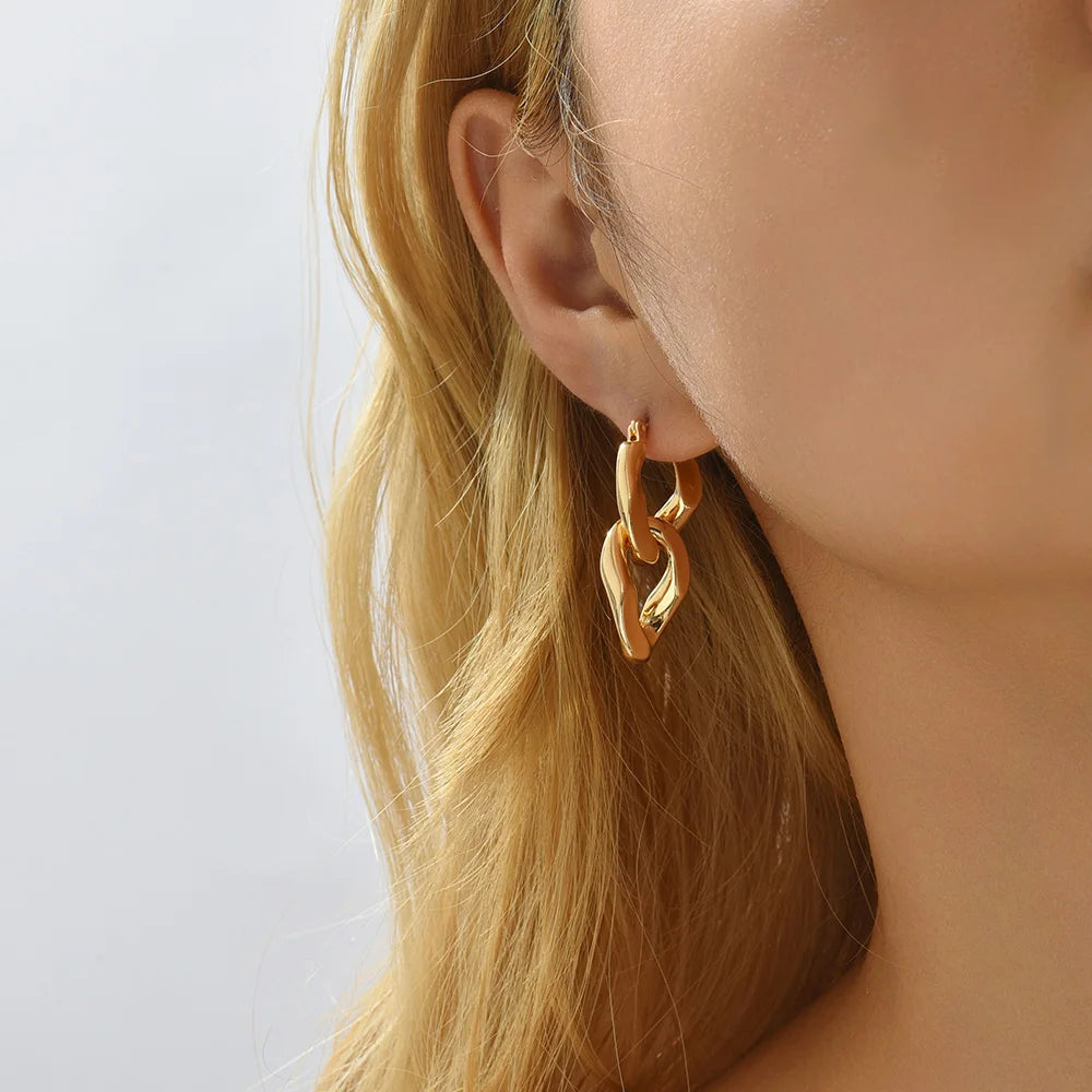 Minimalist Twisted Cuban Chain Hanging Drop Earrings for Women Punk Gold Color Detachable Round Circles Hoop Earring Ear Buckle