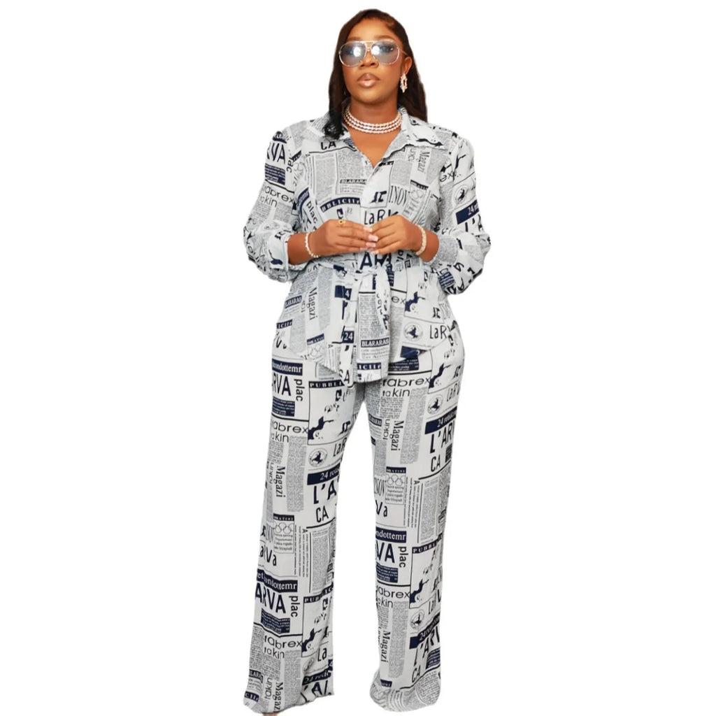 Ladies Clothes Damen Kleidung Stylish Newspaper Print Lapel Long Sleeves Loose Trousers Home Set Outfits For Women's 2 Piece Set