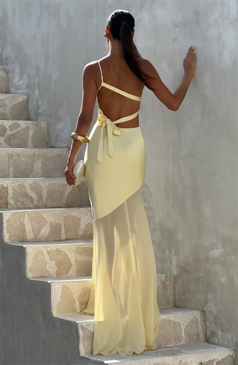 One Shoulder Backless Sexy Maxi Dress Women Gown Fashion Patchwork Sleeveless Bodycon Club Party Long Dress Elegant