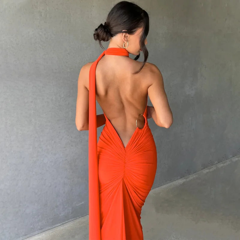 Sexy Backless Bodycon Long Dress Women's Halter Curvy Maxi Dresses Summer Evening Party Birthday Black New Summer White Burgundy